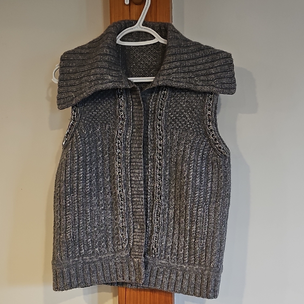 Elie Tahari Gray Cowl Neck Sweater Vest with Silver Chain Accents
